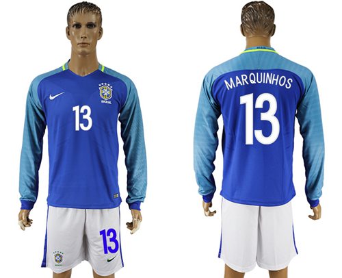 Brazil #13 Marquinhos Away Long Sleeves Soccer Country Jersey - Click Image to Close